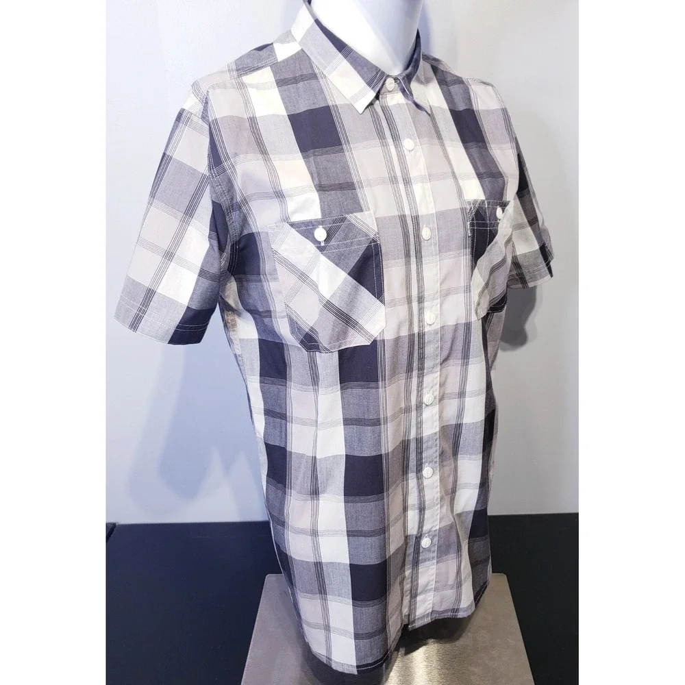 Levi Strauss Men's Medium Plaid Button Down Short Sleeve Shirt Black Gray White‎